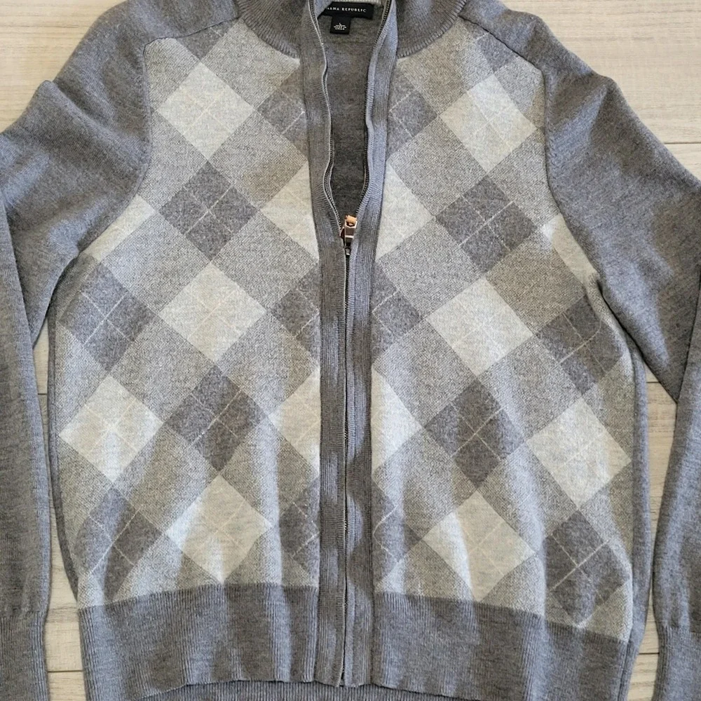 Banana Republic Sweater Mens L Gray 100% Wool‎ Argyle Full Zip Cardigan Preppy